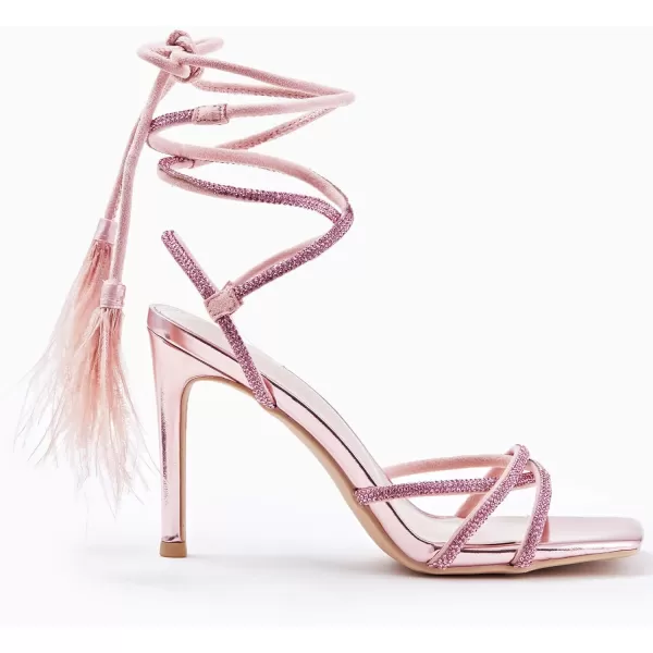 Coutgo Womens Feather Strappy Heels Sandals Rhinestone Lace Up High Heels Sexy Summer Dress ShoesPink
