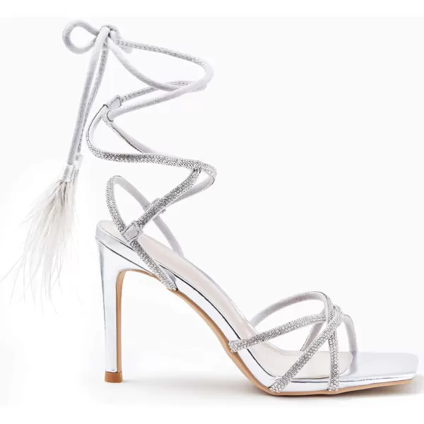 Coutgo Womens Feather Strappy Heels Sandals Rhinestone Lace Up High Heels Sexy Summer Dress ShoesSilver