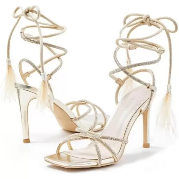 Coutgo Womens Feather Strappy Heels Sandals Rhinestone Lace Up High Heels Sexy Summer Dress ShoesGold