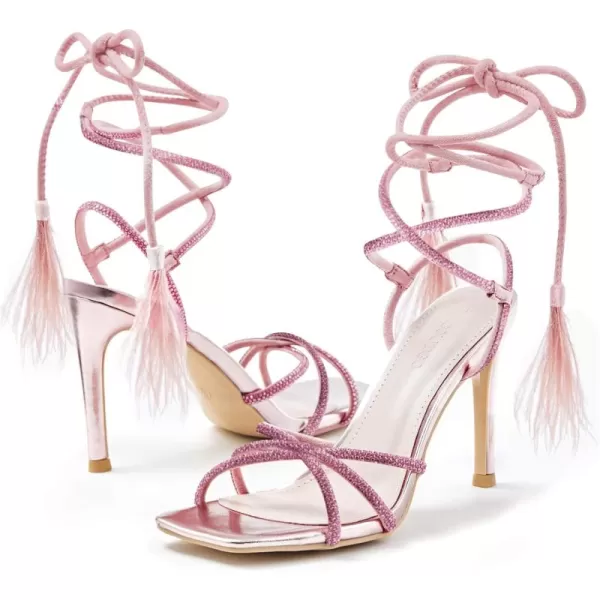 Coutgo Womens Feather Strappy Heels Sandals Rhinestone Lace Up High Heels Sexy Summer Dress ShoesPink