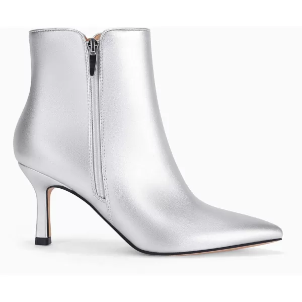 Coutgo Womens Kitten Heel Booties Pointed Toe Low Stiletto Side Zipper Ankle Boots ShoesLeather Silver