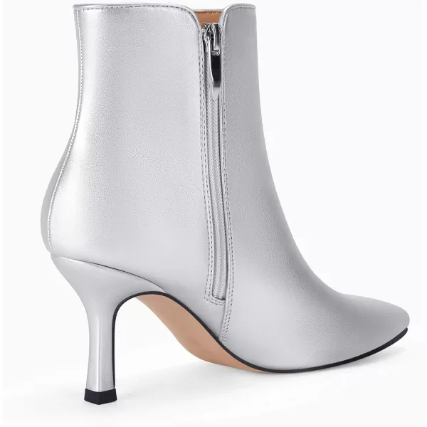 Coutgo Womens Kitten Heel Booties Pointed Toe Low Stiletto Side Zipper Ankle Boots ShoesLeather Silver