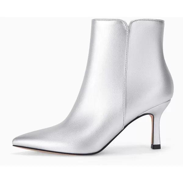 Coutgo Womens Kitten Heel Booties Pointed Toe Low Stiletto Side Zipper Ankle Boots ShoesLeather Silver