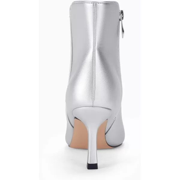 Coutgo Womens Kitten Heel Booties Pointed Toe Low Stiletto Side Zipper Ankle Boots ShoesLeather Silver