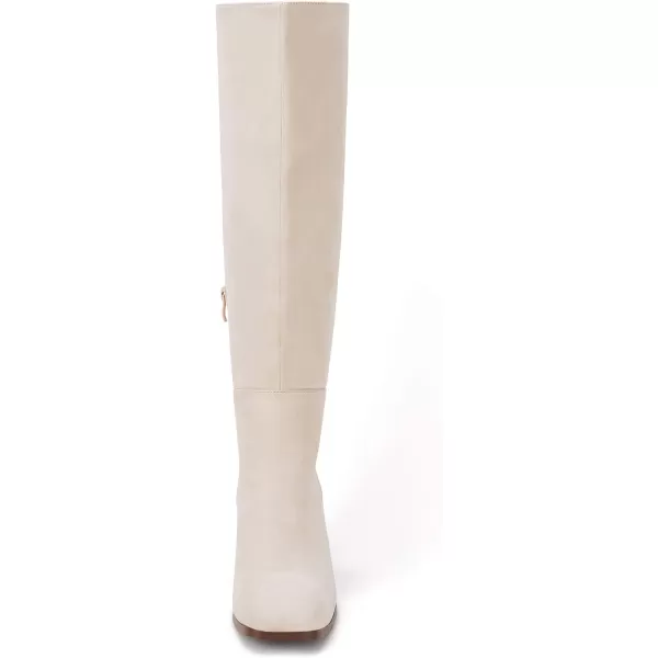 Coutgo Womens Knee High Boots Chunky Block Heels Square Toe Side Zipper Faux Suede Fall Winter Comfort BootBeige