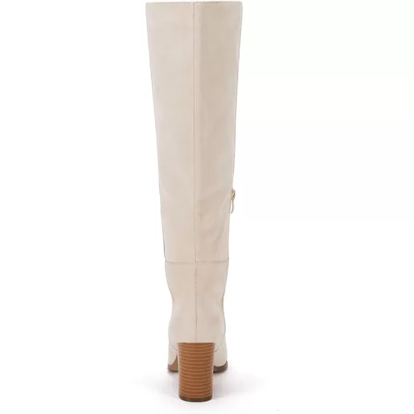 Coutgo Womens Knee High Boots Chunky Block Heels Square Toe Side Zipper Faux Suede Fall Winter Comfort BootBeige