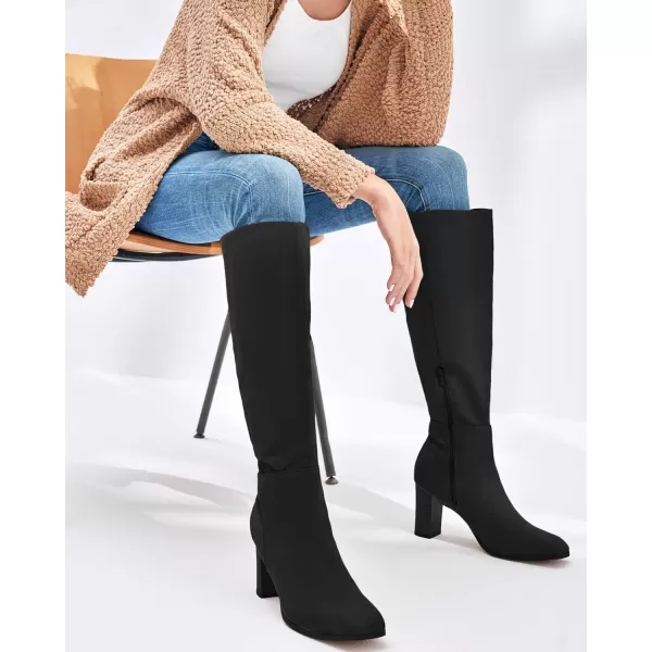 Coutgo Womens Knee High Boots Chunky Block Heels Square Toe Side Zipper Faux Suede Fall Winter Comfort BootBlack