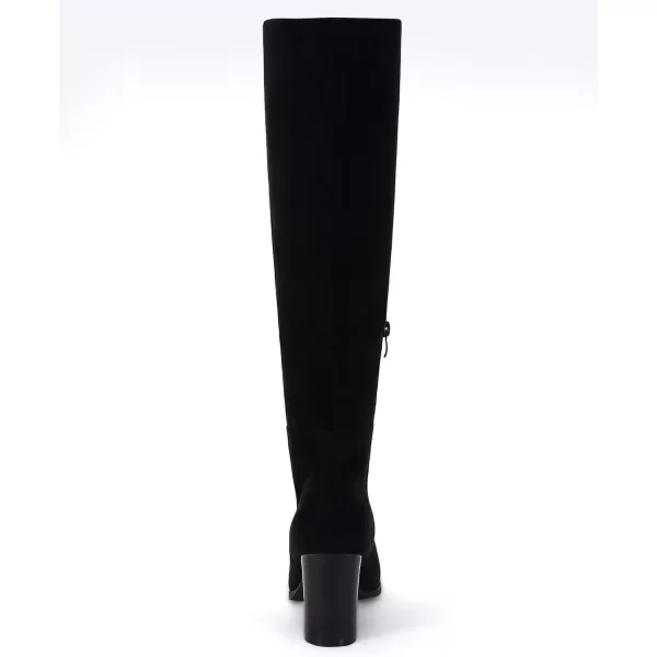 Coutgo Womens Knee High Boots Chunky Block Heels Square Toe Side Zipper Faux Suede Fall Winter Comfort BootBlack