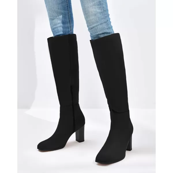 Coutgo Womens Knee High Boots Chunky Block Heels Square Toe Side Zipper Faux Suede Fall Winter Comfort BootBlack