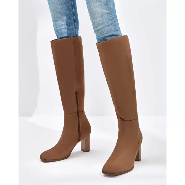 Coutgo Womens Knee High Boots Chunky Block Heels Square Toe Side Zipper Faux Suede Fall Winter Comfort BootBrown