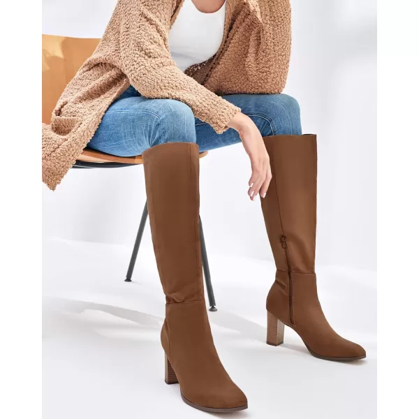 Coutgo Womens Knee High Boots Chunky Block Heels Square Toe Side Zipper Faux Suede Fall Winter Comfort BootBrown