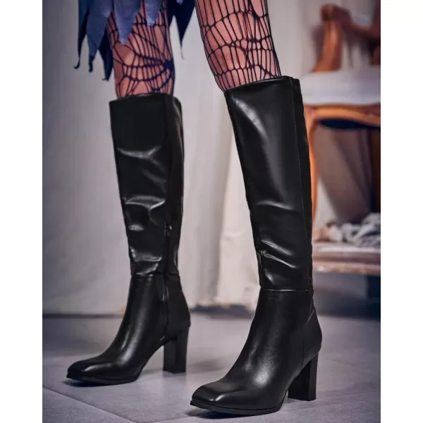 Coutgo Womens Knee High Boots Chunky Block Heels Square Toe Side Zipper Faux Suede Fall Winter Comfort BootGlossy Black
