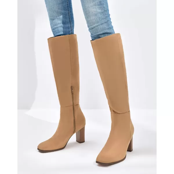 Coutgo Womens Knee High Boots Chunky Block Heels Square Toe Side Zipper Faux Suede Fall Winter Comfort BootKhaki