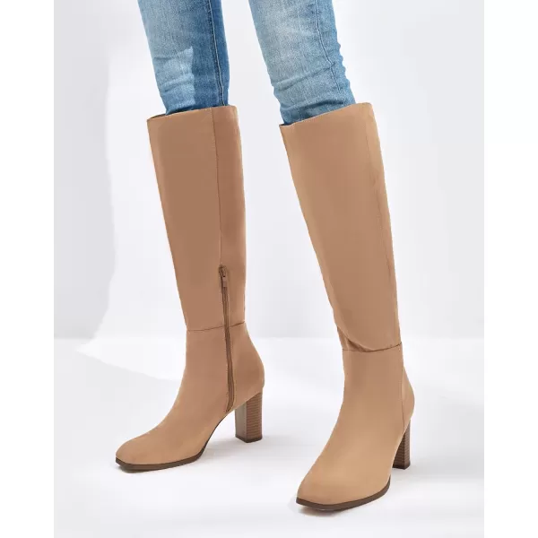 Coutgo Womens Knee High Boots Chunky Block Heels Square Toe Side Zipper Faux Suede Fall Winter Comfort BootLight Brown