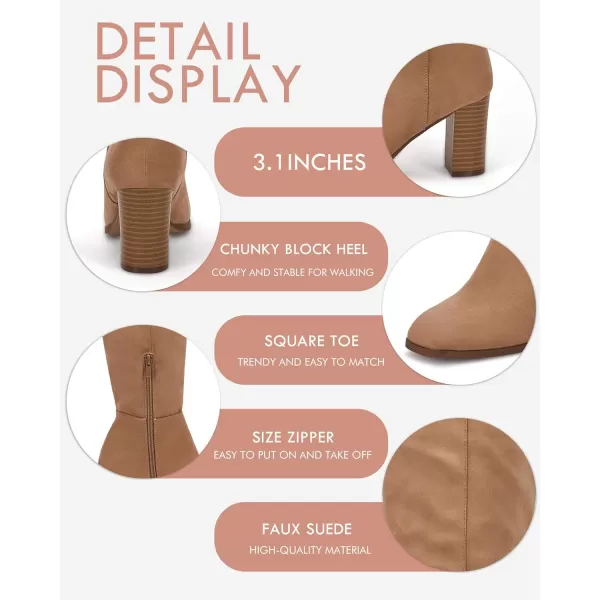 Coutgo Womens Knee High Boots Chunky Block Heels Square Toe Side Zipper Faux Suede Fall Winter Comfort BootLight Brown