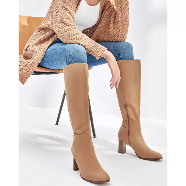 Coutgo Womens Knee High Boots Chunky Block Heels Square Toe Side Zipper Faux Suede Fall Winter Comfort BootLight Brown