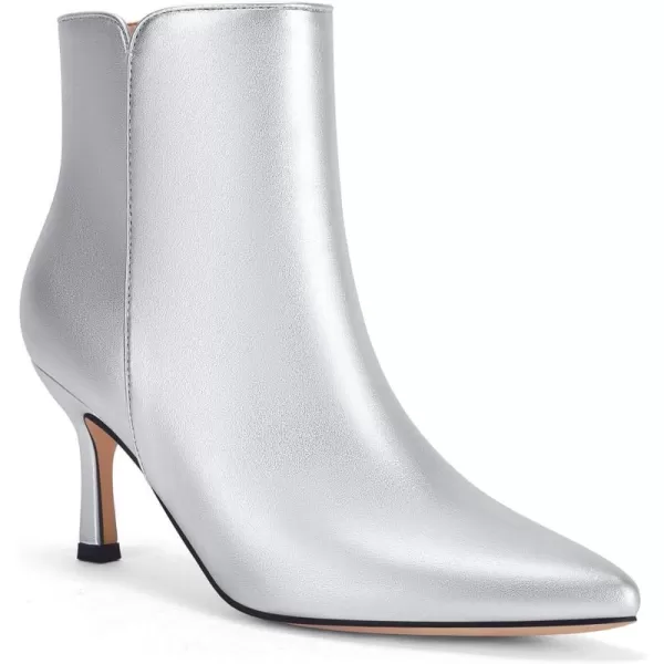 Coutgo Womens Kitten Heel Booties Pointed Toe Low Stiletto Side Zipper Ankle Boots ShoesLeather Silver