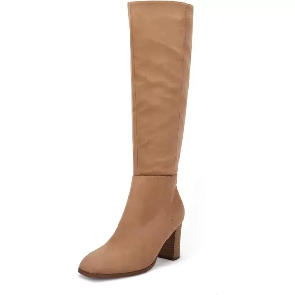 Coutgo Womens Knee High Boots Chunky Block Heels Square Toe Side Zipper Faux Suede Fall Winter Comfort BootLight Brown
