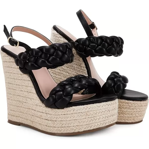 imageCoutgo Womens Braided Espadrille Platform Wedge Sandals Open Toe Two Strap Ankle Buckle Summer ShoesBlack