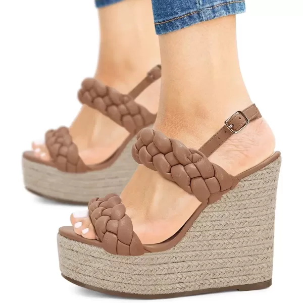 imageCoutgo Womens Braided Espadrille Platform Wedge Sandals Open Toe Two Strap Ankle Buckle Summer ShoesKhaki