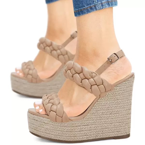 imageCoutgo Womens Braided Espadrille Platform Wedge Sandals Open Toe Two Strap Ankle Buckle Summer ShoesTan