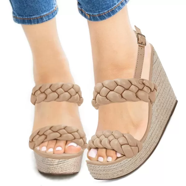 imageCoutgo Womens Braided Espadrille Platform Wedge Sandals Open Toe Two Strap Ankle Buckle Summer ShoesTan