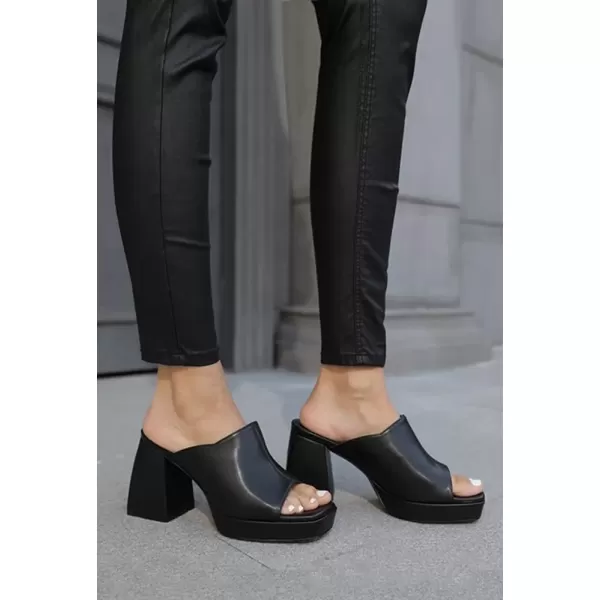 imageCoutgo Womens Chunky Platform Mules Sandals Slip On Block Heels Square Toe High Heeled Dress ShoesBlack