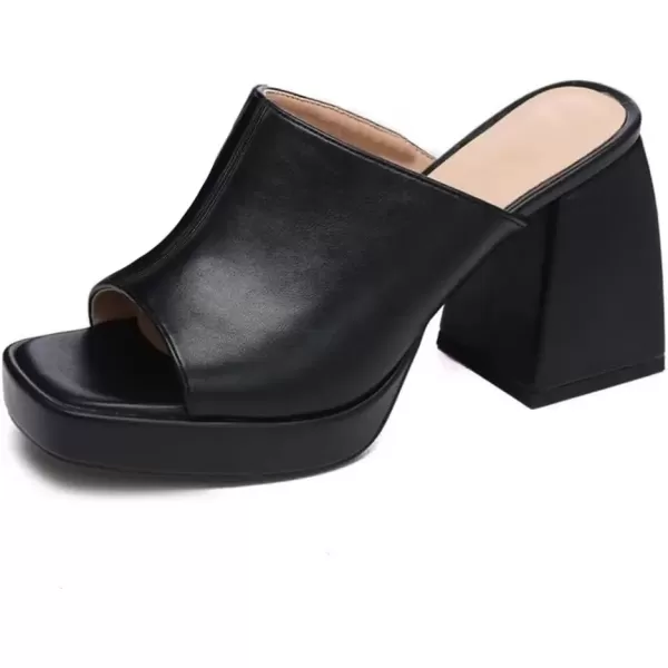 imageCoutgo Womens Chunky Platform Mules Sandals Slip On Block Heels Square Toe High Heeled Dress ShoesBlack