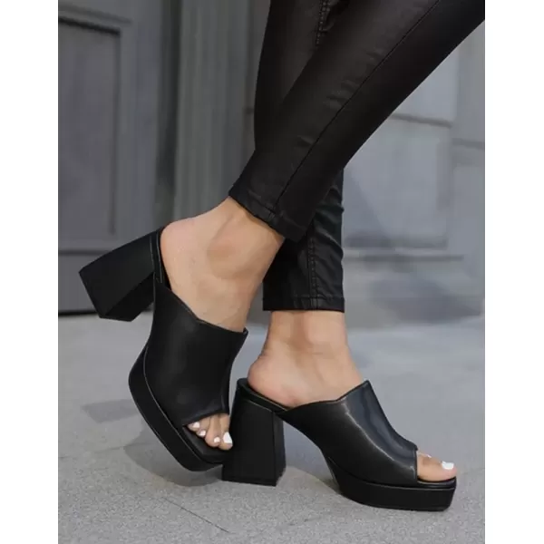 imageCoutgo Womens Chunky Platform Mules Sandals Slip On Block Heels Square Toe High Heeled Dress ShoesBlack