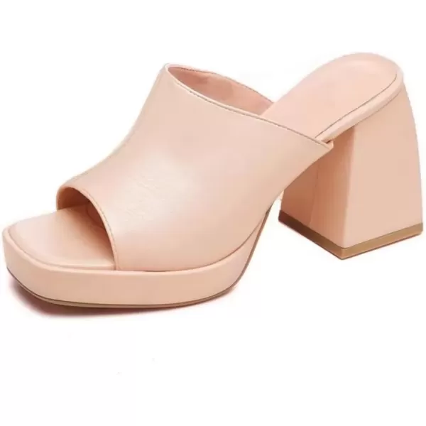 imageCoutgo Womens Chunky Platform Mules Sandals Slip On Block Heels Square Toe High Heeled Dress ShoesNude