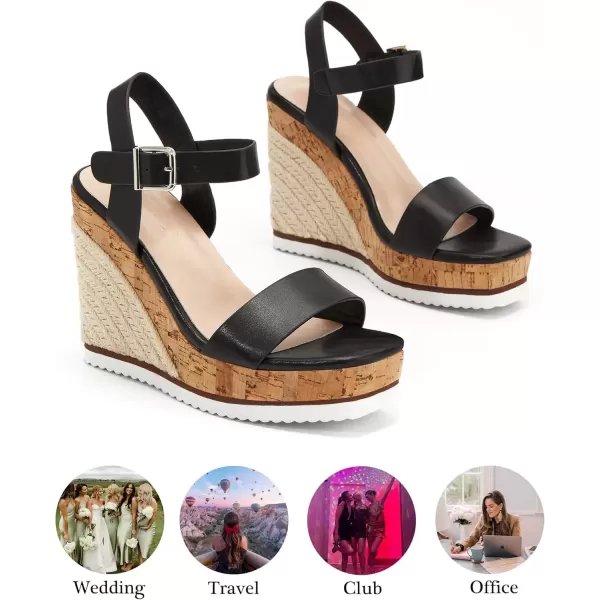 imageWomens Espadrille Wedge Platform Sandals Open Toe Ankle Buckle Strap Casual Summer ShoesBlack