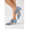 imageCoutgo Womens Low Kitten Heel Dress Shoes Pointed Toe Slip on Ankle Strap Cutout Elegant Party Wedding PumpsJean Blue