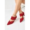 imageCoutgo Womens Low Kitten Heel Dress Shoes Pointed Toe Slip on Ankle Strap Cutout Elegant Party Wedding PumpsRed