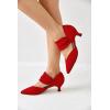 imageCoutgo Womens Low Kitten Heel Dress Shoes Pointed Toe Slip on Ankle Strap Cutout Elegant Party Wedding PumpsRed
