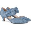 imageCoutgo Womens Low Kitten Heel Dress Shoes Pointed Toe Slip on Ankle Strap Cutout Elegant Party Wedding PumpsJean Blue