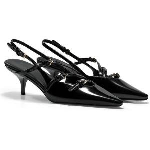 imageCoutgo Slingback Kitten Heels for Women Low Heel Closed Pointed Toe Buckle Strap Pumps ShoesBlack
