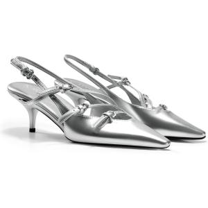 imageCoutgo Slingback Kitten Heels for Women Low Heel Closed Pointed Toe Buckle Strap Pumps ShoesSilver