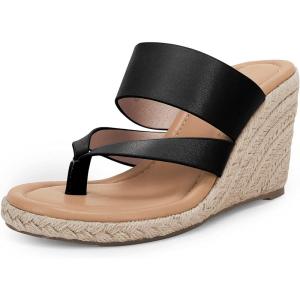 imageCoutgo Womens Espadrille Wedge Sandals Platform Thong Leather Strap Slides Backless Slip On Summer Casual Flip FlopsBlack