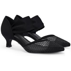 imageCoutgo Womens Low Kitten Heel Dress Shoes Pointed Toe Slip on Ankle Strap Cutout Elegant Party Wedding PumpsMesh Black