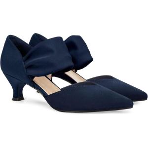 imageCoutgo Womens Low Kitten Heel Dress Shoes Pointed Toe Slip on Ankle Strap Cutout Elegant Party Wedding PumpsNavy