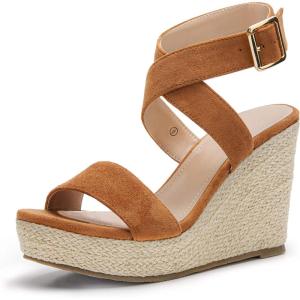 imageCoutgo Womens Wedge Sandals Cross Strap Espadrille Platform Ankle Buckle Summer Casual ShoesBrown