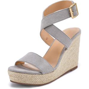 imageCoutgo Womens Wedge Sandals Cross Strap Espadrille Platform Ankle Buckle Summer Casual ShoesGrey