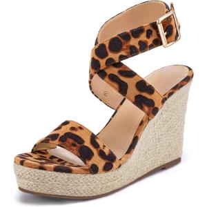 imageCoutgo Womens Wedge Sandals Cross Strap Espadrille Platform Ankle Buckle Summer Casual ShoesLeopard
