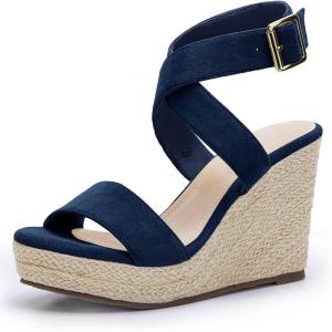 imageCoutgo Womens Wedge Sandals Cross Strap Espadrille Platform Ankle Buckle Summer Casual ShoesNavy