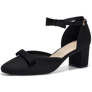 imageCoutgo Womens Chunky Low Heels Bow Closed Toe Ankle Strap Pumps Elegant Wedding Party Dress ShoesBlack