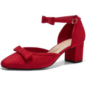 imageCoutgo Womens Chunky Low Heels Bow Closed Toe Ankle Strap Pumps Elegant Wedding Party Dress ShoesRed