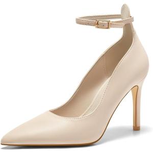 imageCoutgo Womens High Heels Closed Pointed Toe Ankle Strap Stiletto Pumps Dress Office ShoesNude
