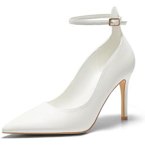 imageCoutgo Womens High Heels Closed Pointed Toe Ankle Strap Stiletto Pumps Dress Office ShoesWhite