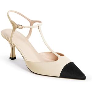 imageCoutgo Womens Kitten Heels Slingback Pumps Closed Pointed Toe Two Tone Ankle T Strap Office Dress ShoesBeige