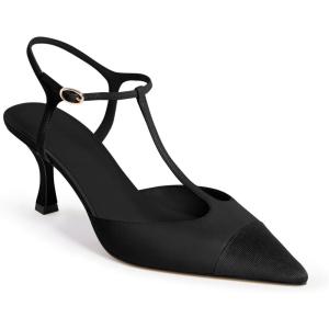 imageCoutgo Womens Kitten Heels Slingback Pumps Closed Pointed Toe Two Tone Ankle T Strap Office Dress ShoesBlack